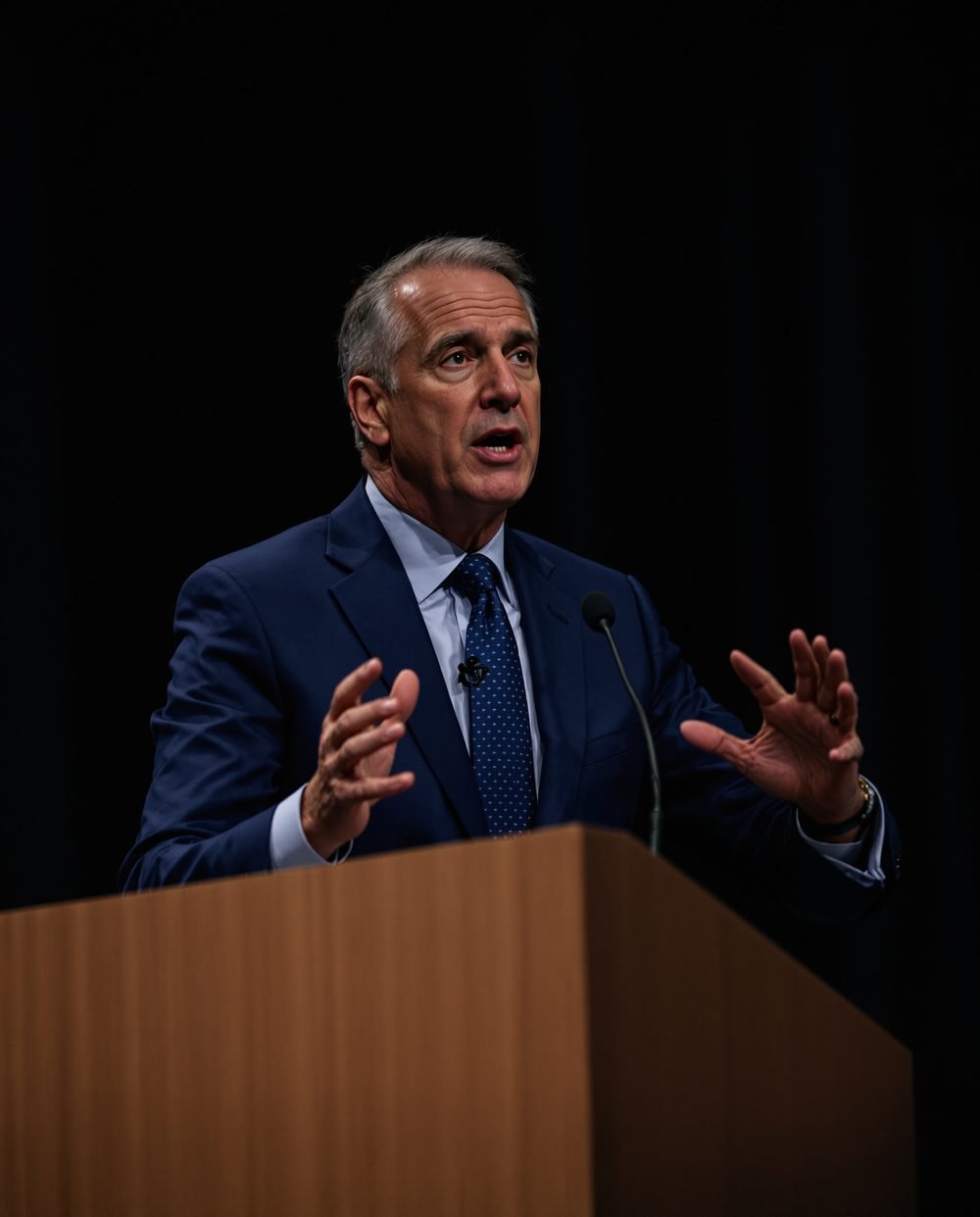 Close detail of a speaker's hands mid-gesture at a lectern