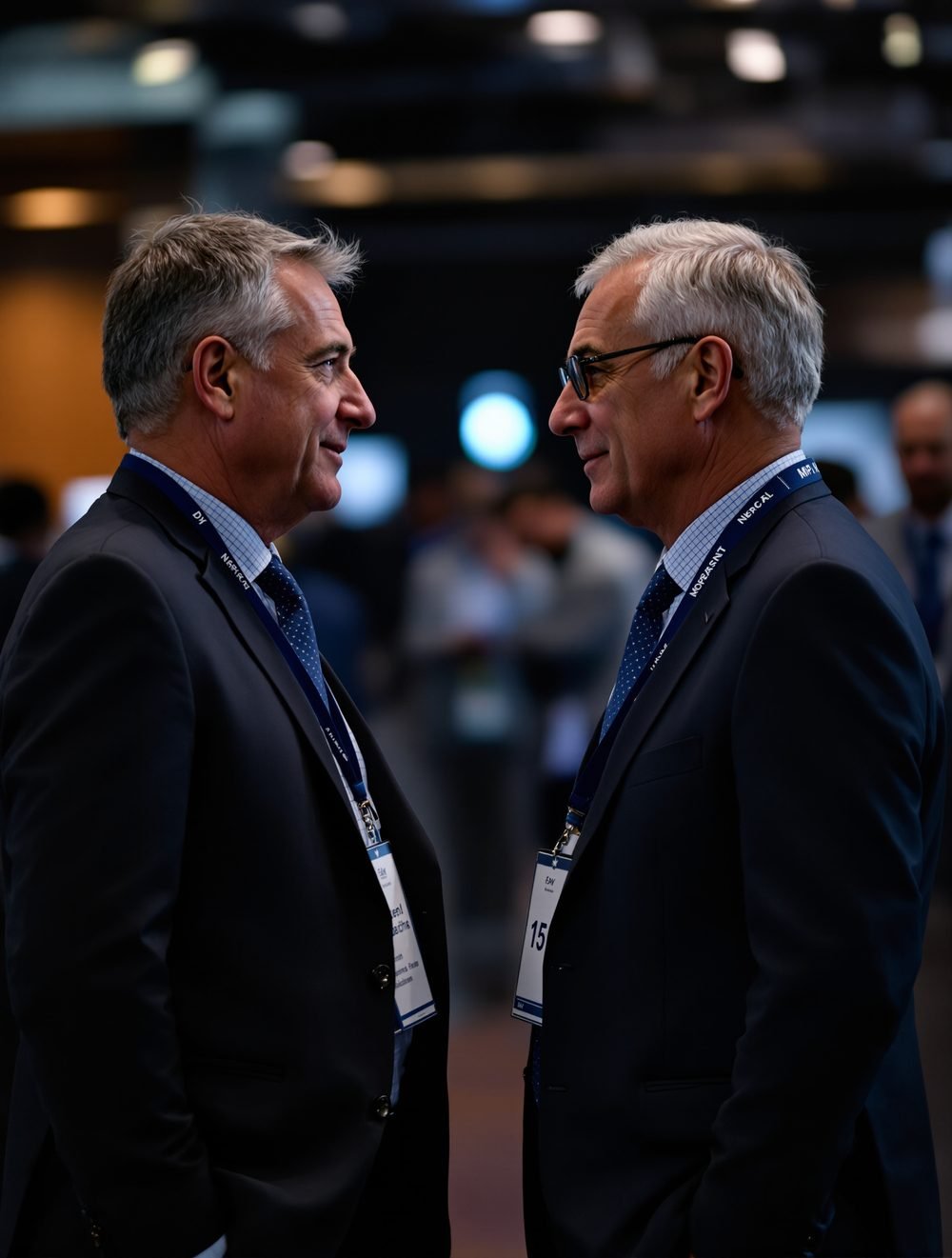 Two executives in conversation during a networking break