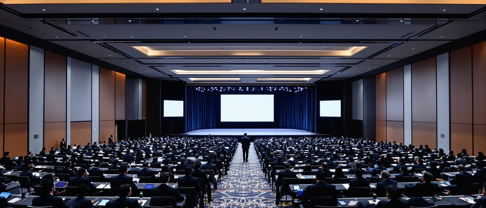 A wide view of a corporate conference ballroom filled with delegates