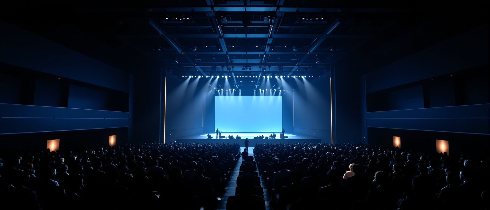 A leadership summit in session — delegates seated before a lit stage in a darkened auditorium